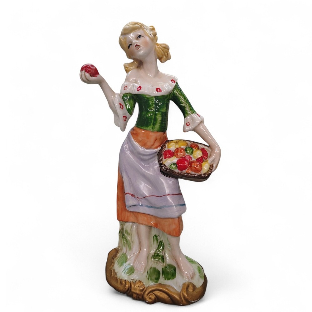 TOMA Figurine Peasant Woman w/ Fruit Basket Vtg Ceramic Decor Statue 9" Tall (F8